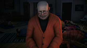A screenshot from the game "The Long Dark", showing a bald man wearing an orange sweater as other survivors sleep inside a house behind him.