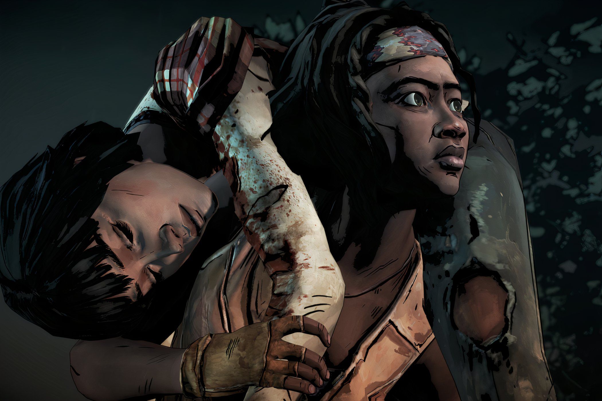 A screenshot from the game Telltale's The Walking Dead Season 1, showing Michonne carrying a woman on her back.