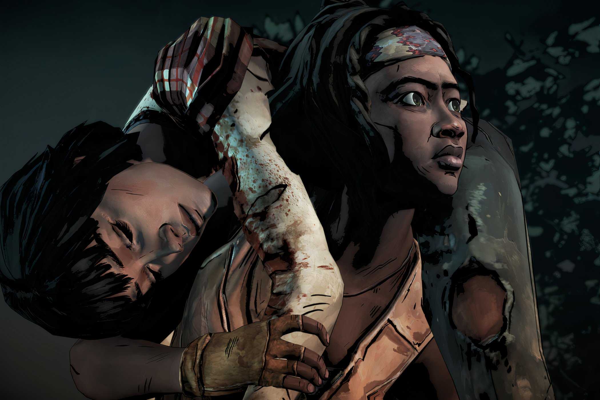 A screenshot from the game Telltale's The Walking Dead Season 1, showing Michonne carrying a woman on her back.