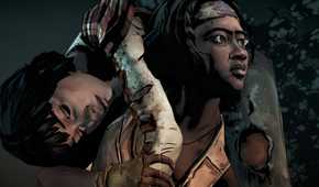 A screenshot from the game Telltale's The Walking Dead Season 1, showing Michonne carrying a woman on her back.