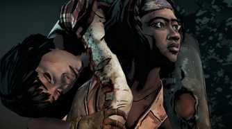 A screenshot from the game Telltale's The Walking Dead Season 1, showing Michonne carrying a woman on her back.