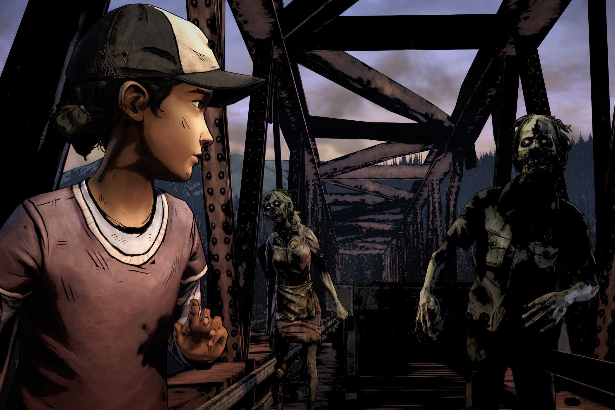 A screenshot from the game Telltale's The Walking Dead Season 1, showing Clementine, a little girl, running away from zombies on a bridge.