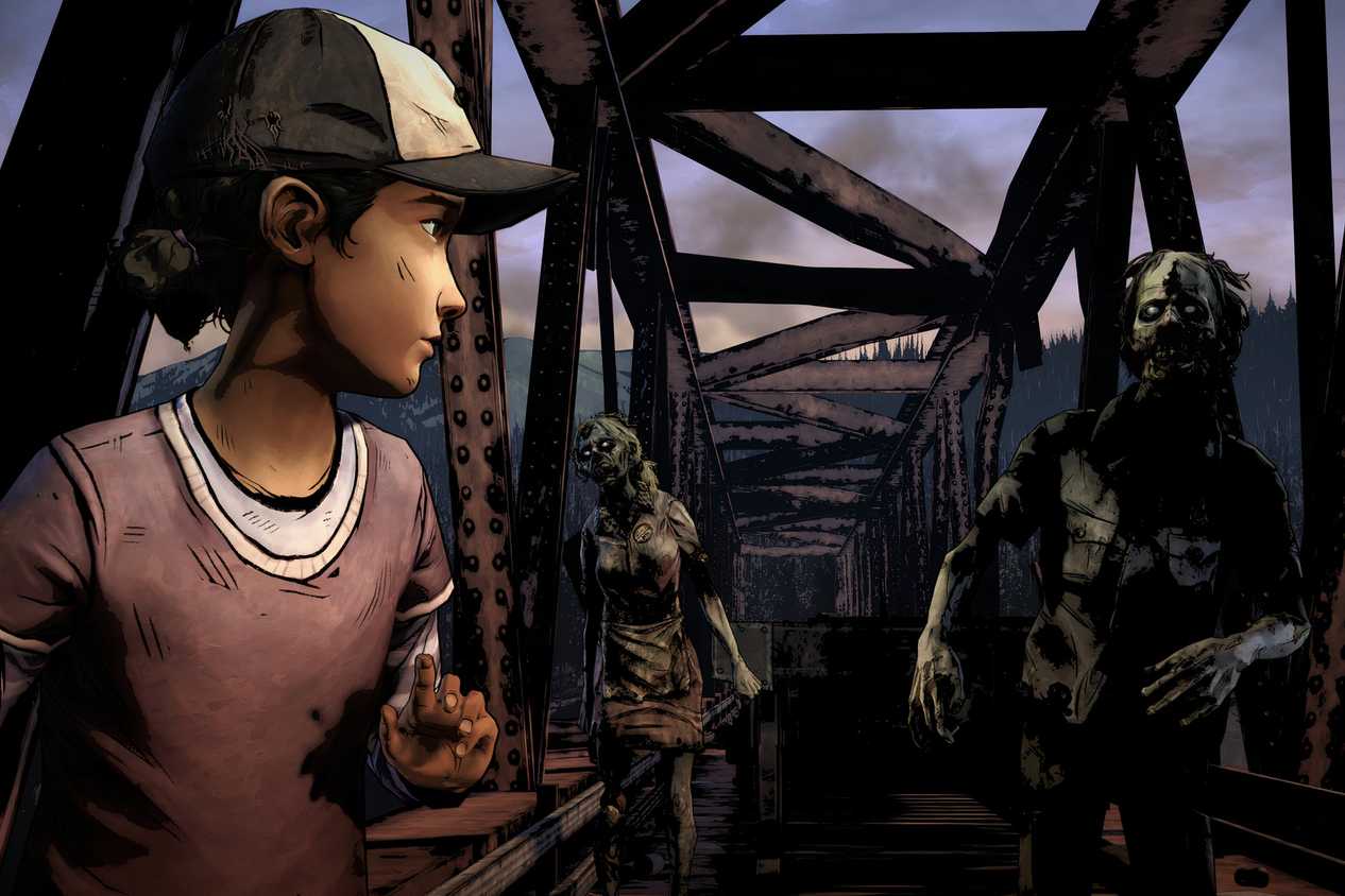 A screenshot from the game Telltale's The Walking Dead Season 1, showing Clementine, a little girl, running away from zombies on a bridge.