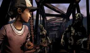 A screenshot from the game Telltale's The Walking Dead Season 1, showing Clementine, a little girl, running away from zombies on a bridge.