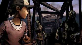 A screenshot from the game Telltale's The Walking Dead Season 1, showing Clementine, a little girl, running away from zombies on a bridge.