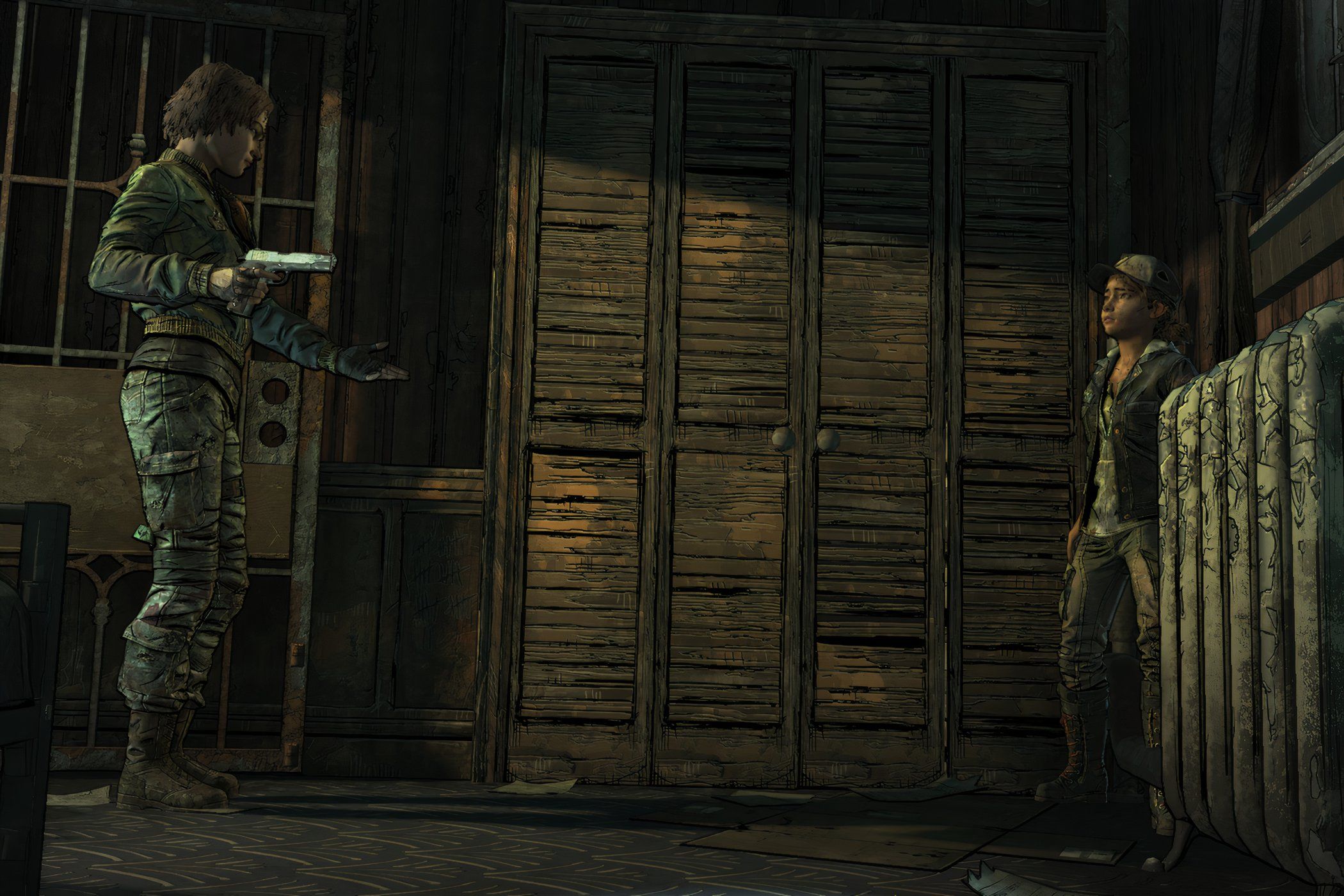 A screenshot from the game Telltale's The Walking Dead Season 1, showing an older woman pointing a gun at Clementine, a young kid.
