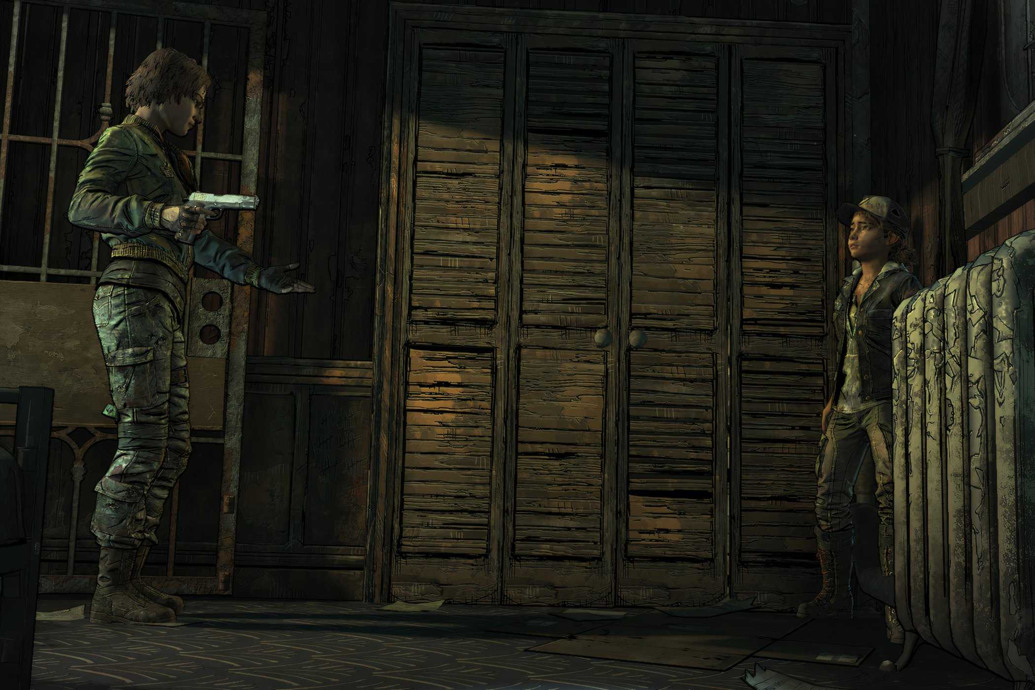 A screenshot from the game Telltale's The Walking Dead Season 1, showing an older woman pointing a gun at Clementine, a young kid.
