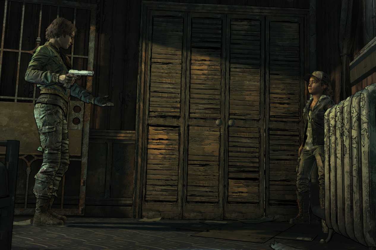 A screenshot from the game Telltale's The Walking Dead Season 1, showing an older woman pointing a gun at Clementine, a young kid.