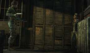 A screenshot from the game Telltale's The Walking Dead Season 1, showing an older woman pointing a gun at Clementine, a young kid.
