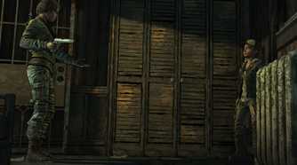 A screenshot from the game Telltale's The Walking Dead Season 1, showing an older woman pointing a gun at Clementine, a young kid.
