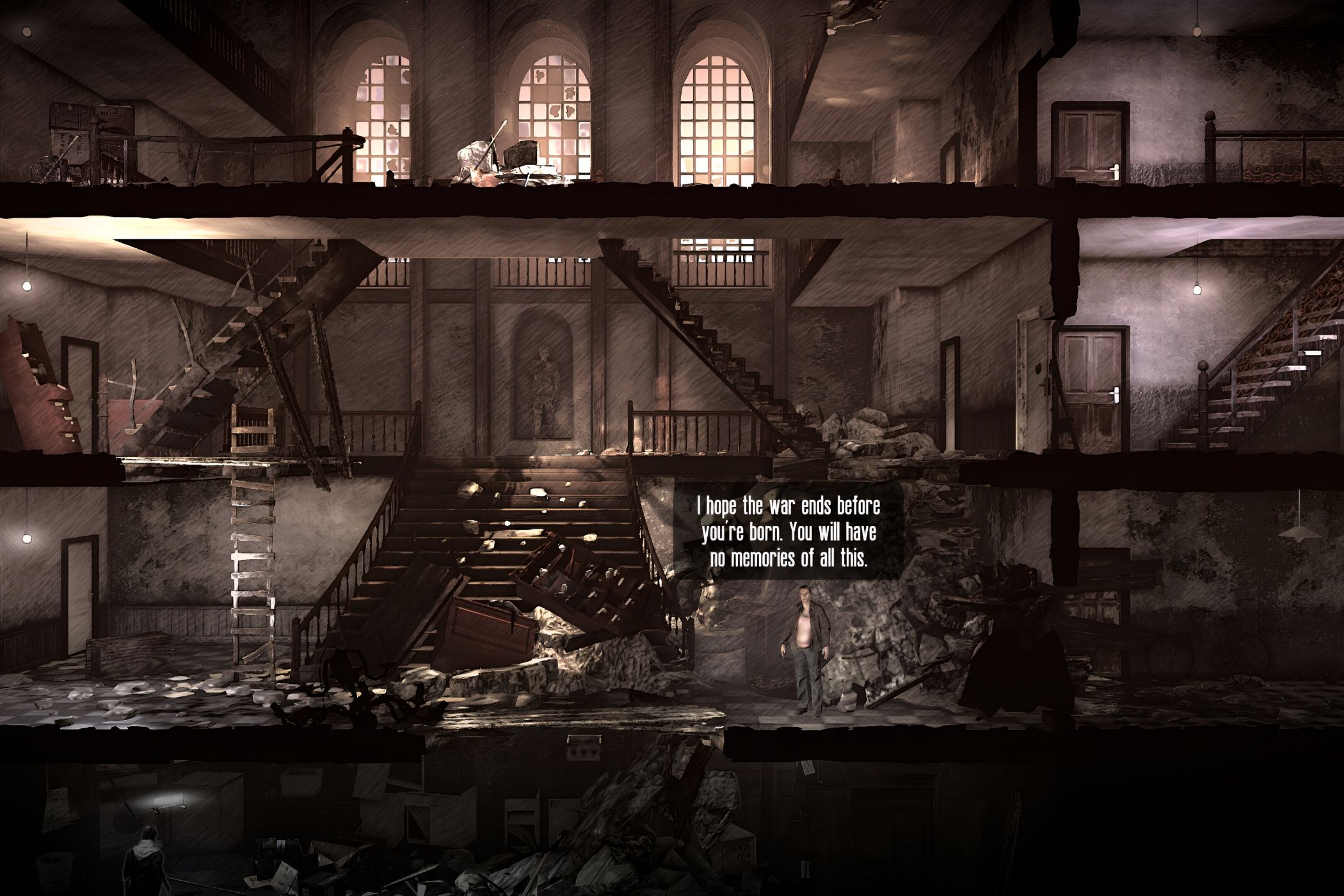 A screenshot from the game "This War of Mine", showing a man in a desolate building hoping for a better future.