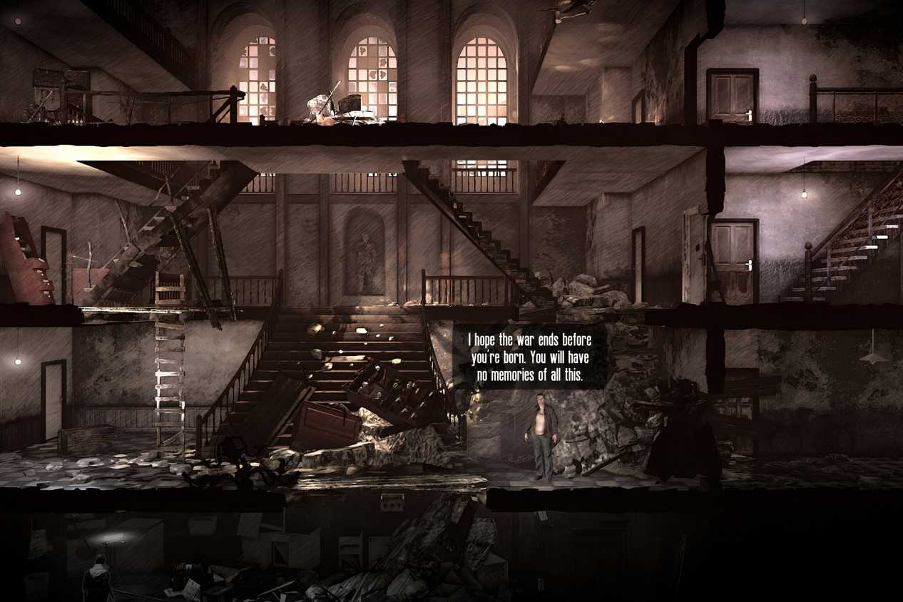 A screenshot from the game "This War of Mine", showing a man in a desolate building hoping for a better future.