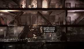 A screenshot from the game "This War of Mine", showing a man in a desolate building hoping for a better future.