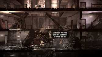 A screenshot from the game "This War of Mine", showing a man in a desolate building hoping for a better future.