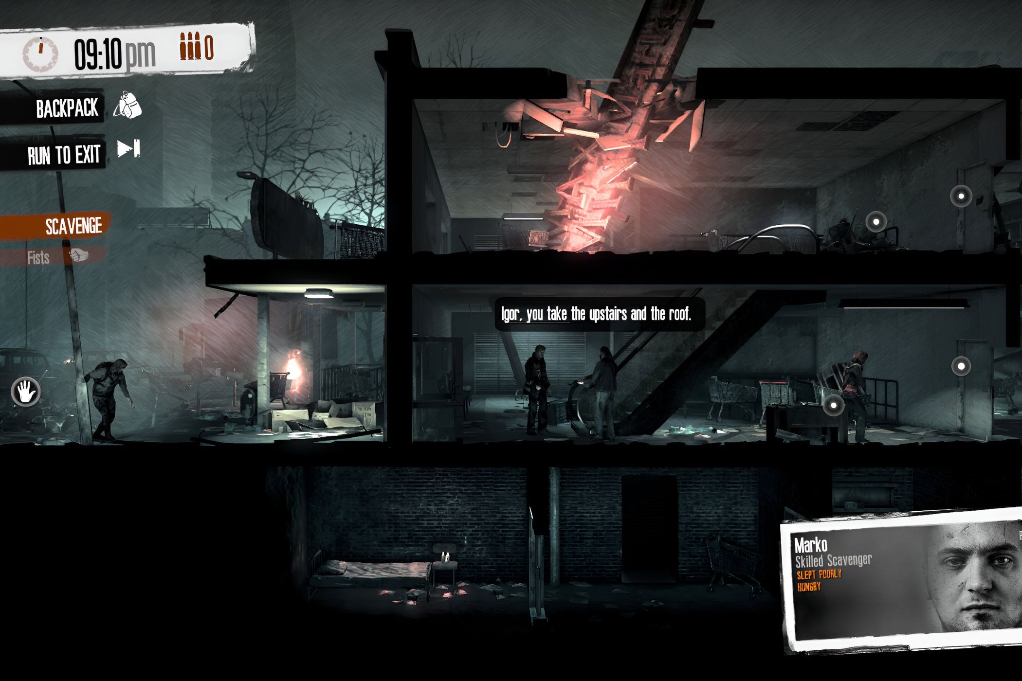 A screenshot from the game "This War of Mine", showing night gameplay which involves scavenging.