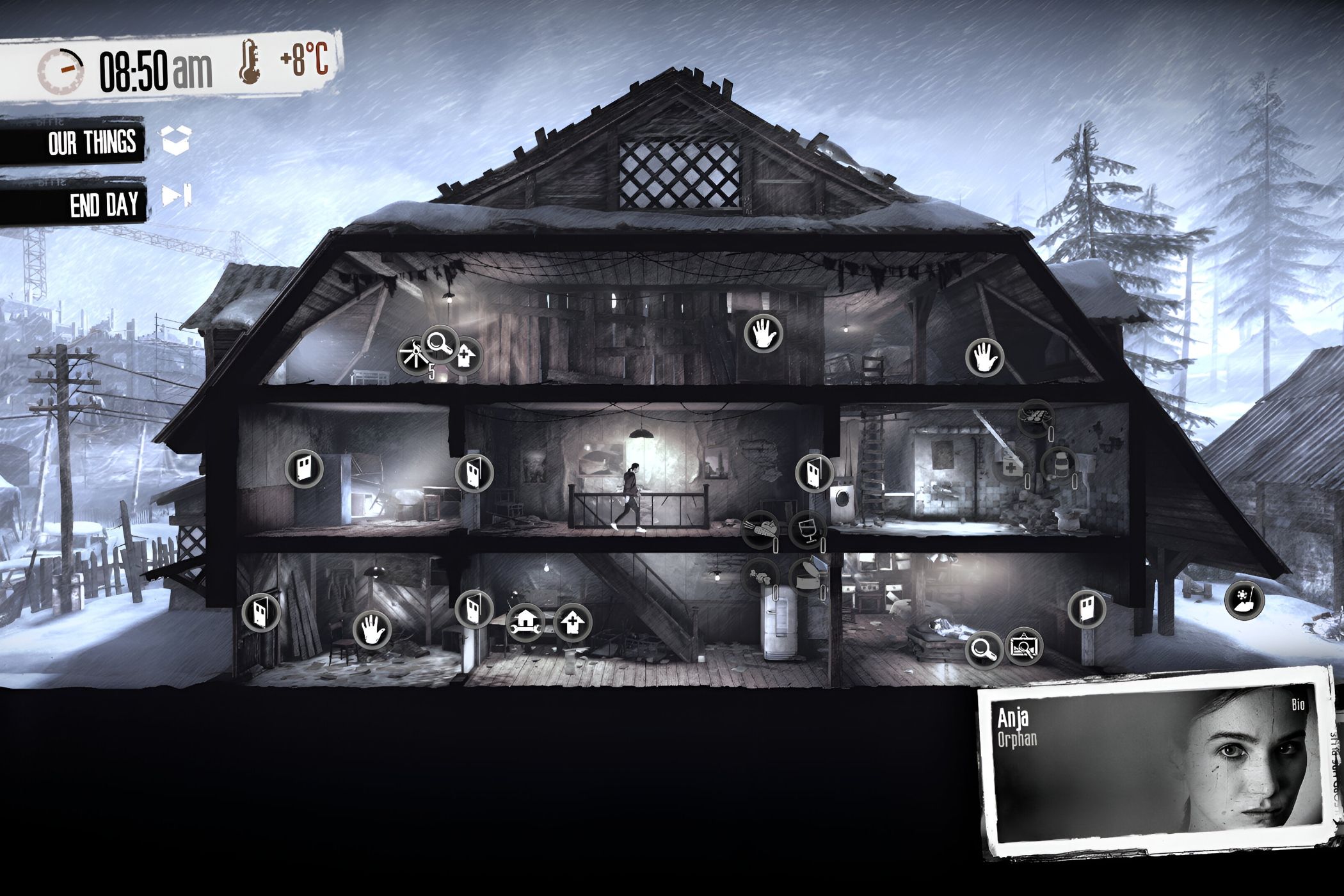 A screenshot from the game "This War of Mine", showing a big house in the middle of a snow-laden area.