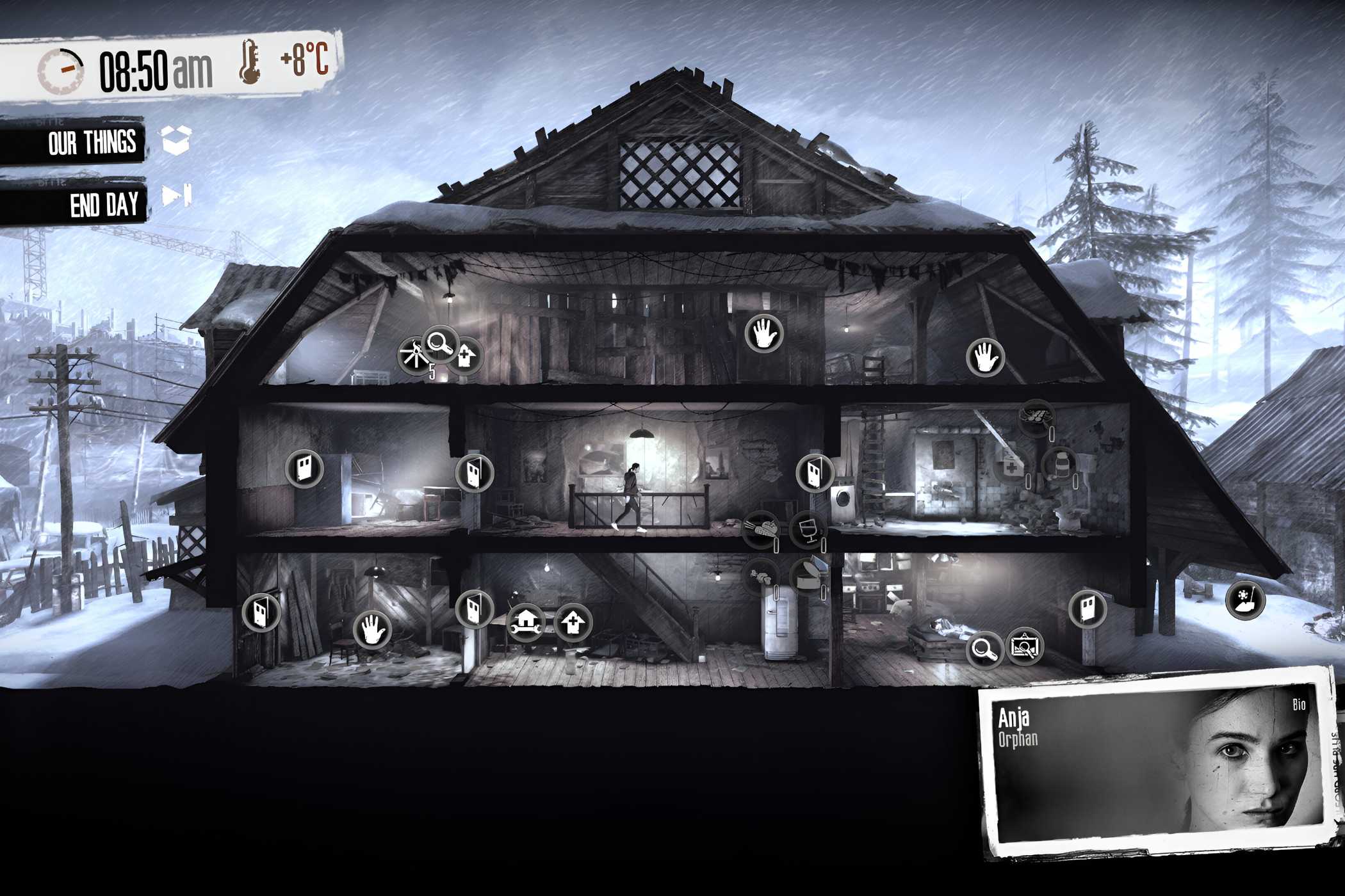 A screenshot from the game "This War of Mine", showing a big house in the middle of a snow-laden area.