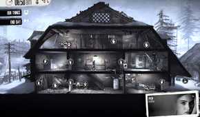 A screenshot from the game "This War of Mine", showing a big house in the middle of a snow-laden area.