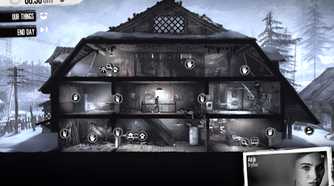 A screenshot from the game "This War of Mine", showing a big house in the middle of a snow-laden area.