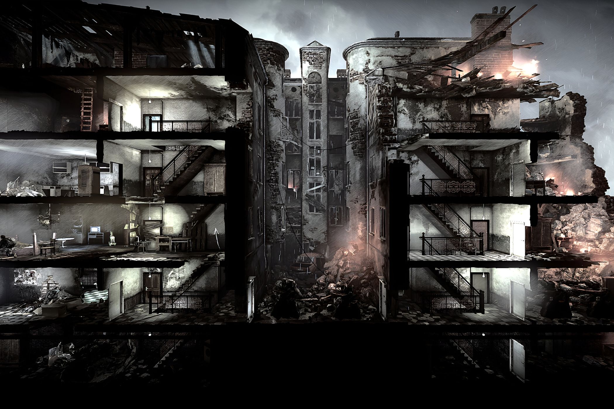 A screenshot from the game "This War of Mine", showing a war-torn building nearly destroyed, with flaming embers still lit.