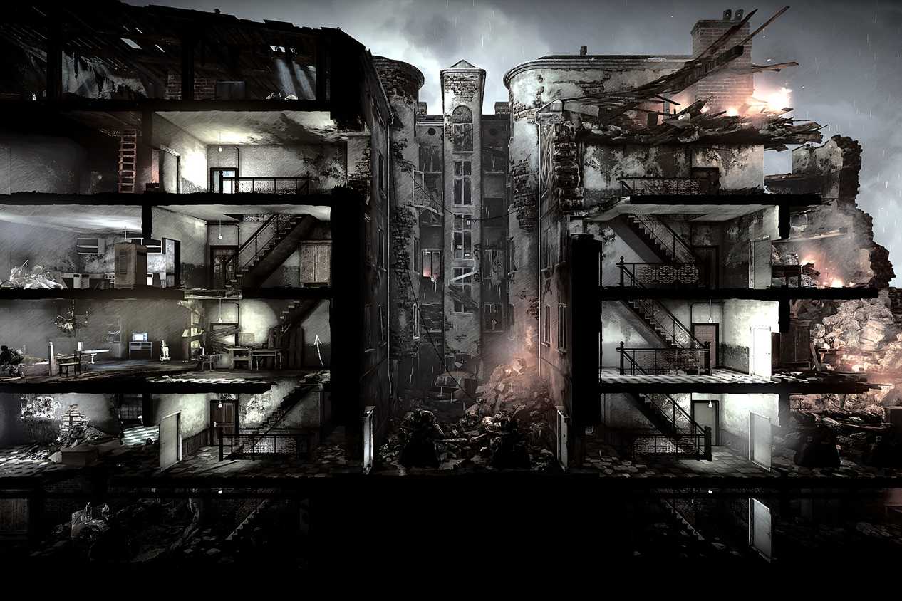A screenshot from the game "This War of Mine", showing a war-torn building nearly destroyed, with flaming embers still lit.