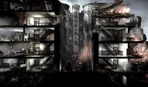 A screenshot from the game "This War of Mine", showing a war-torn building nearly destroyed, with flaming embers still lit.