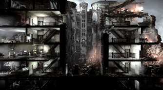 A screenshot from the game "This War of Mine", showing a war-torn building nearly destroyed, with flaming embers still lit.