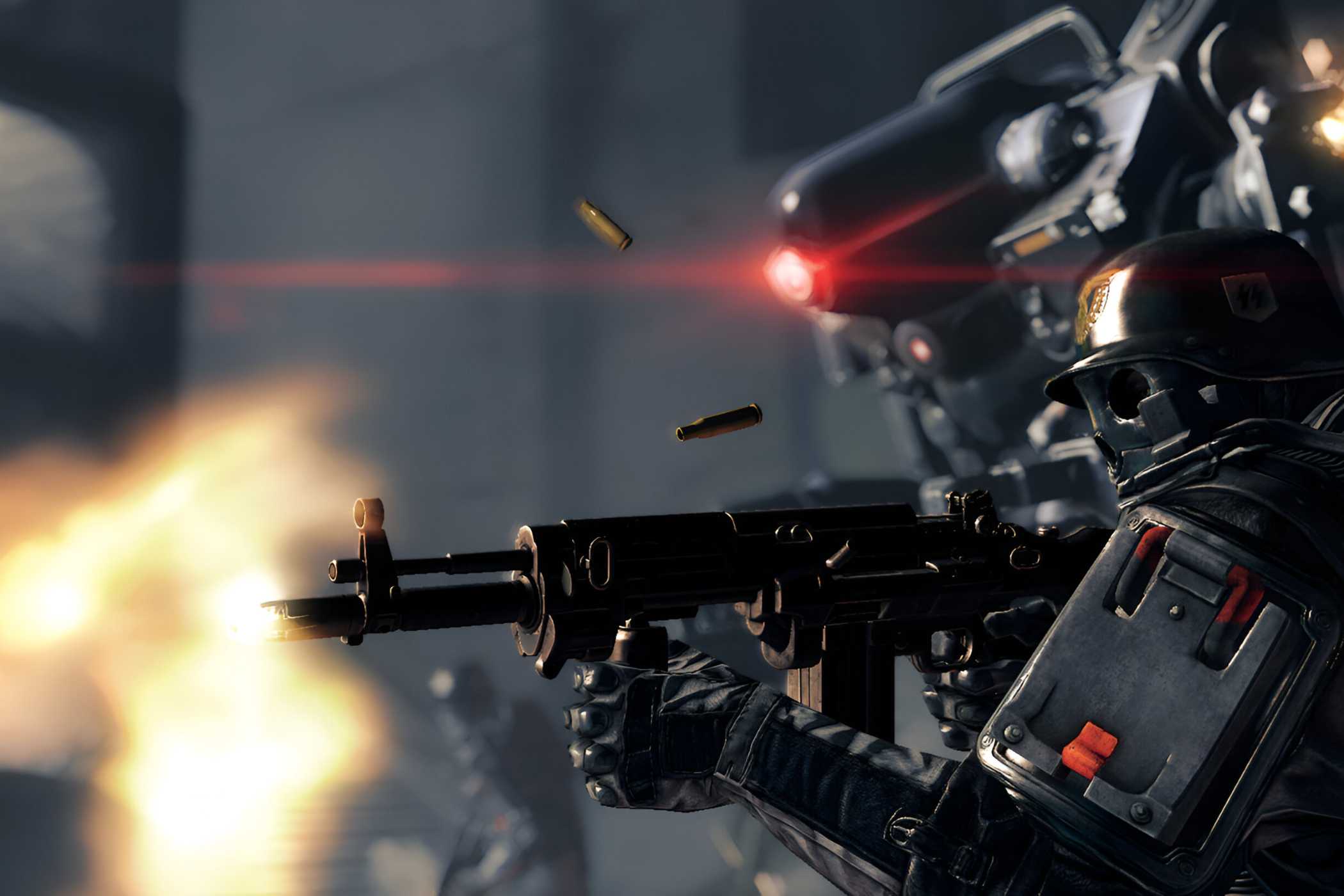 An image from the game Wolfenstein: The New Order, showing a metallic soldier shooting a rifle.