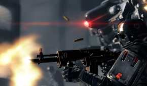 An image from the game Wolfenstein: The New Order, showing a metallic soldier shooting a rifle.