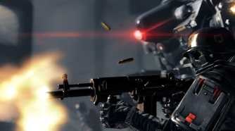 An image from the game Wolfenstein: The New Order, showing a metallic soldier shooting a rifle.