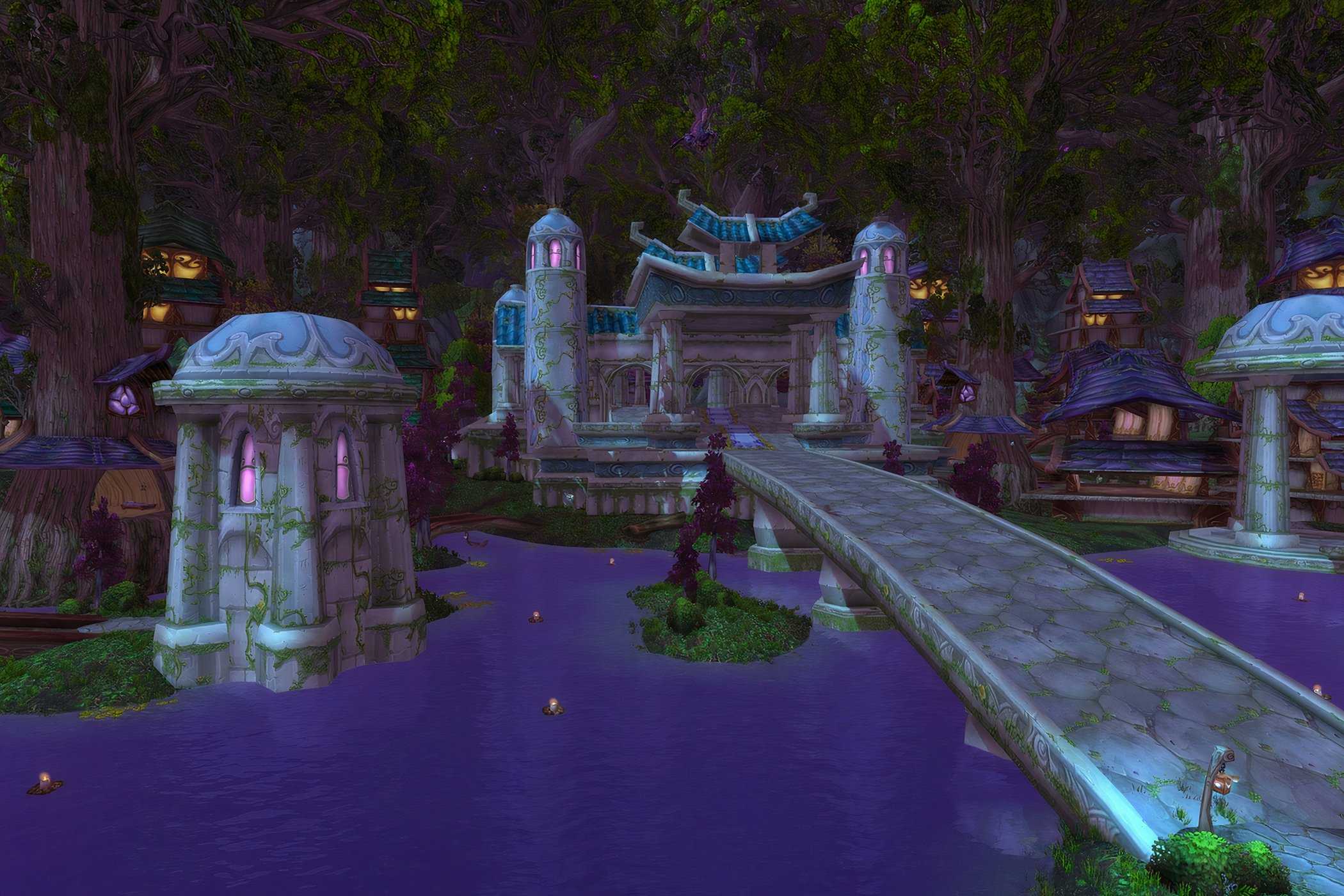An image from the 2004 game World of Warcraft, showing a small manor atop a river with a bridge leading up to it.