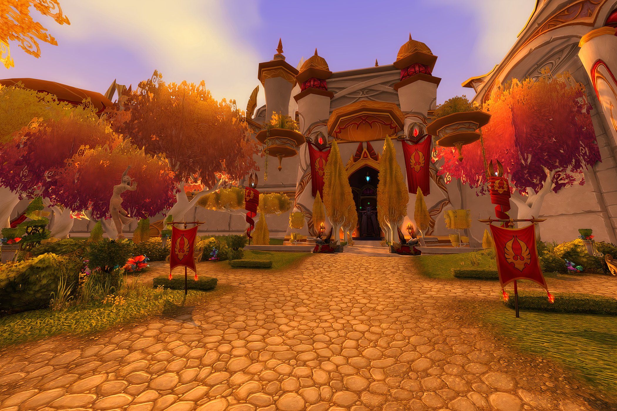 An image from the 2004 game World of Warcraft, showing a castle with a paved walkway.