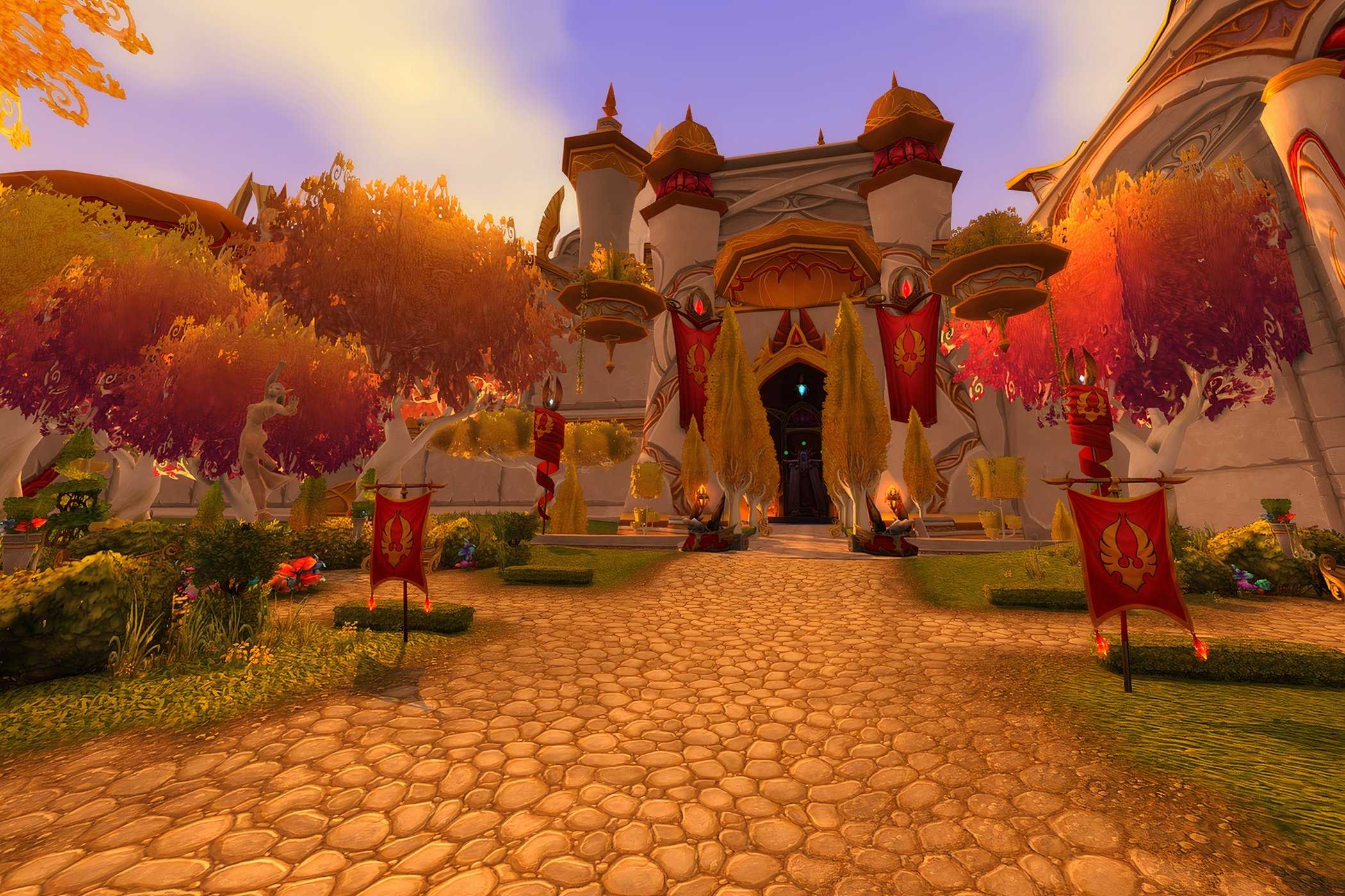 An image from the 2004 game World of Warcraft, showing a castle with a paved walkway.