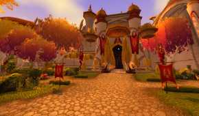An image from the 2004 game World of Warcraft, showing a castle with a paved walkway.