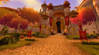 An image from the 2004 game World of Warcraft, showing a castle with a paved walkway.