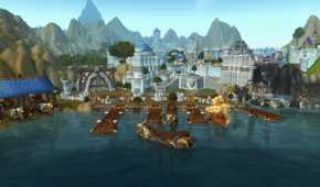 An image from the 2004 game World of Warcraft, showing a huge city with a seaport with ships docked there.