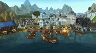 An image from the 2004 game World of Warcraft, showing a huge city with a seaport with ships docked there.