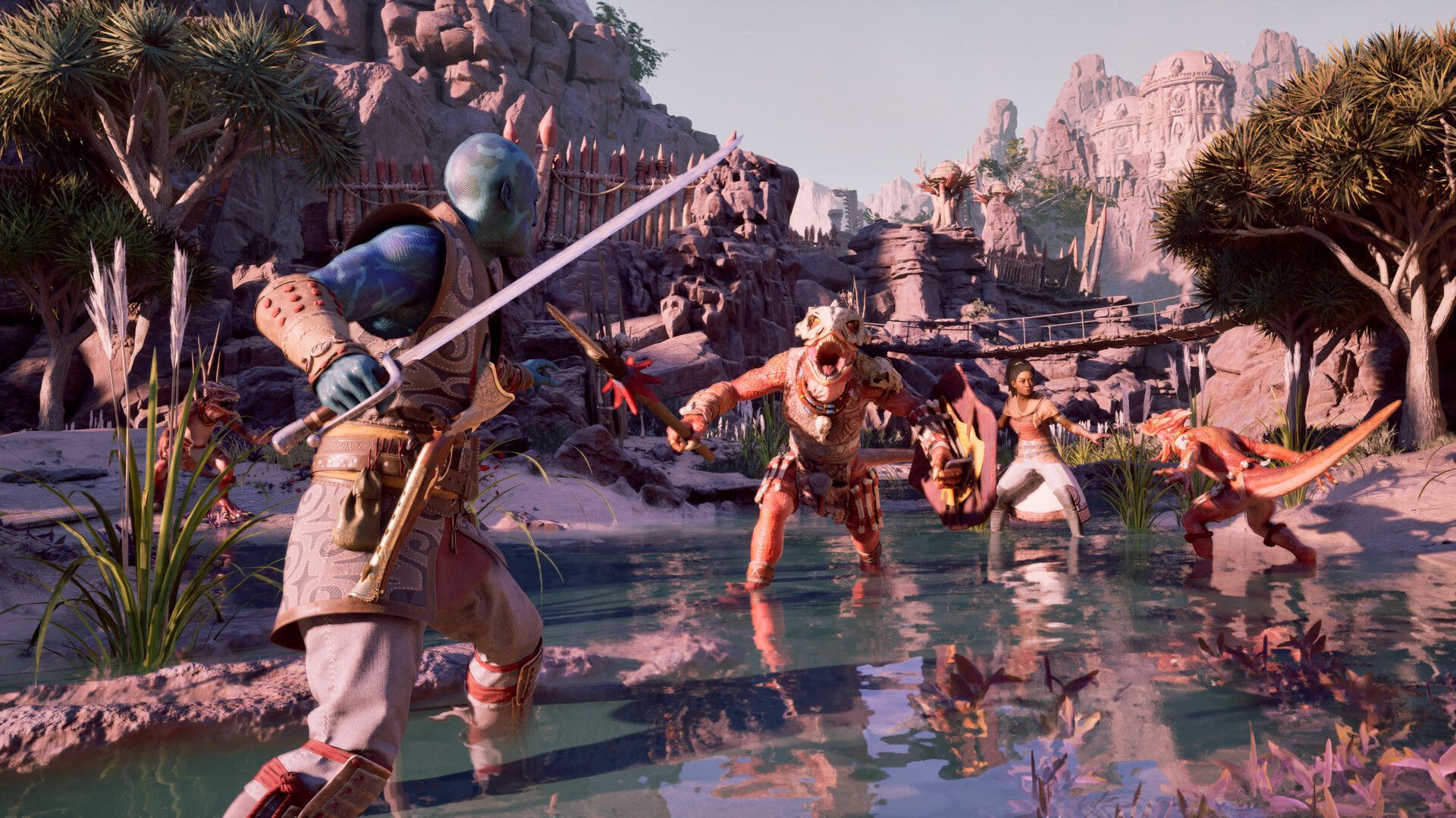 Avowed showing Kai fighting lizards