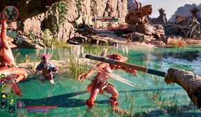 Avowed first-person hitting a lizard with a hand axe