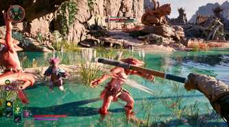 Avowed first-person hitting a lizard with a hand axe
