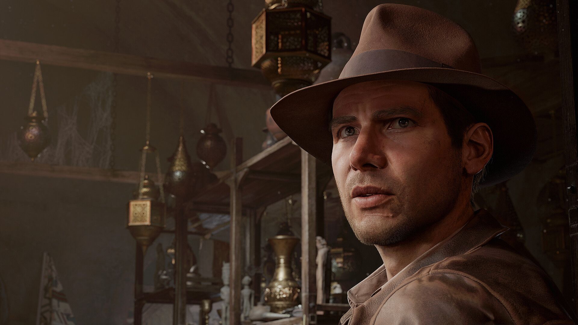 A screenshot of Indiana Jones and the Great Circle showing Indy's face
