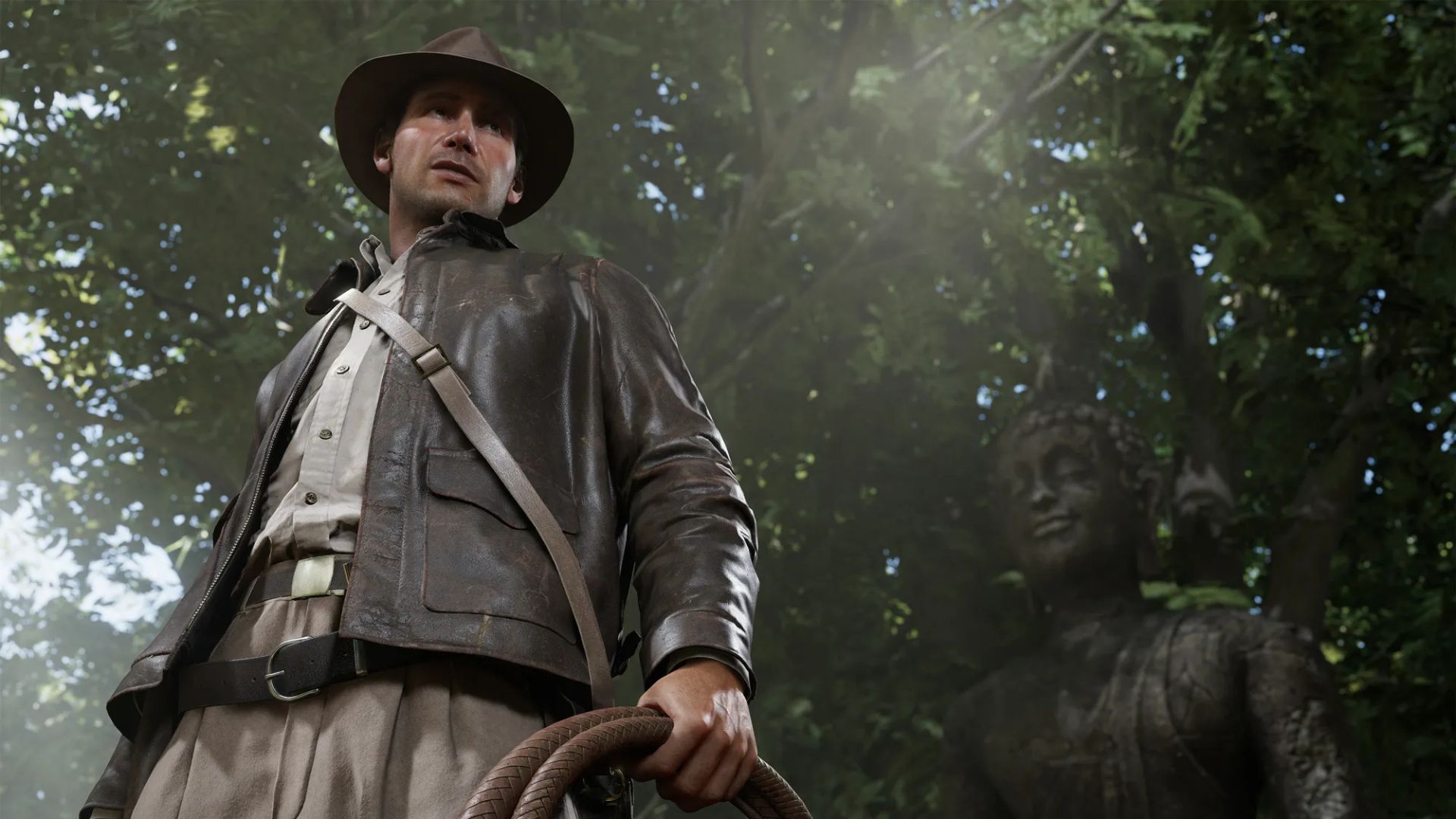A screenshot of Indiana Jones and the Great Circle showing Indy holding his whip