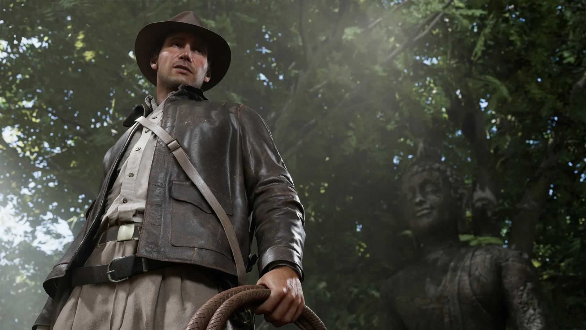 A screenshot of Indiana Jones and the Great Circle showing Indy holding his whip