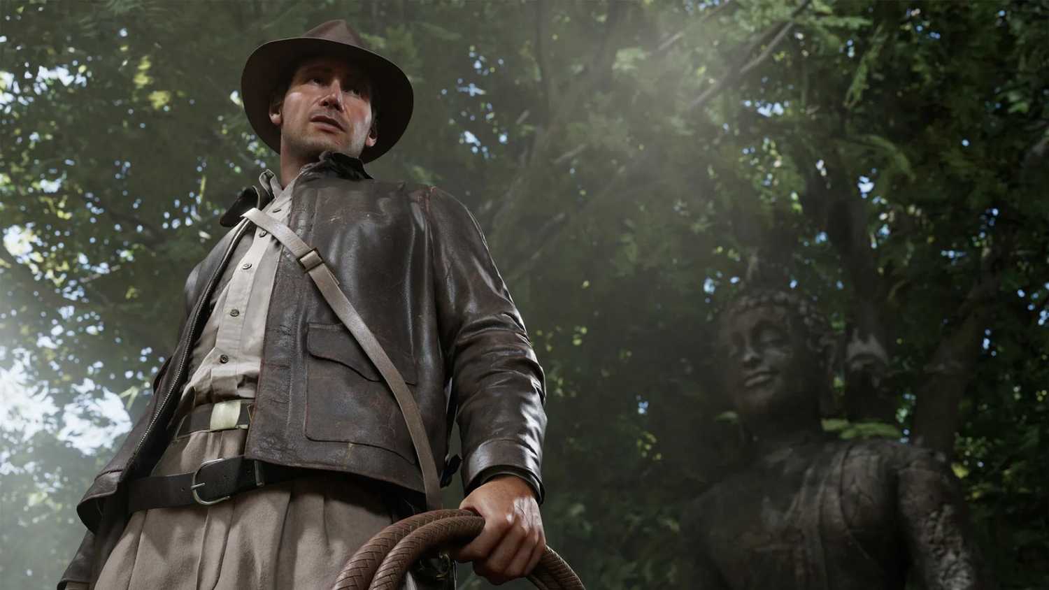A screenshot of Indiana Jones and the Great Circle showing Indy holding his whip