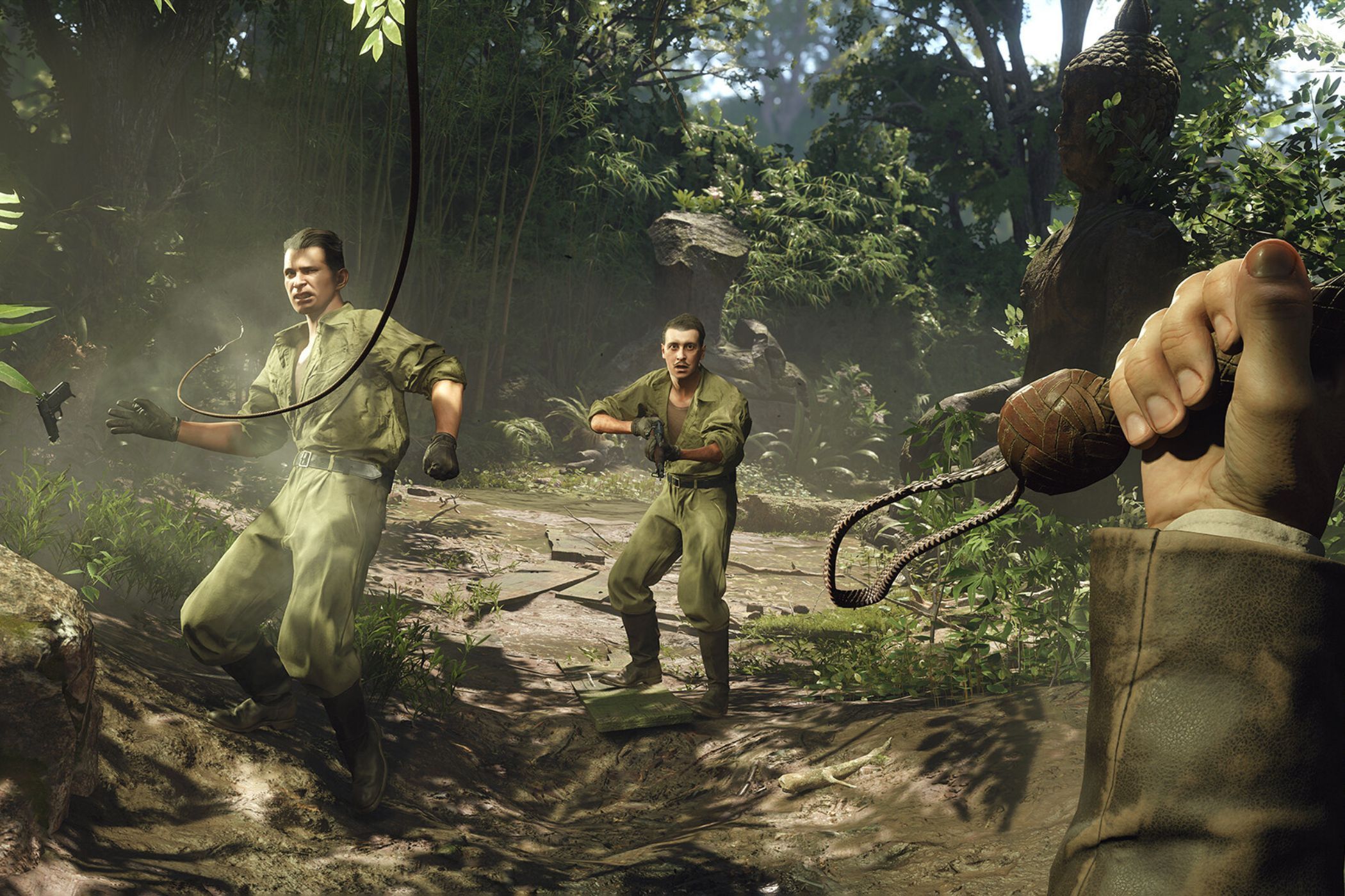 A screenshot of Indiana Jones and the Great Circle showing Indy whipping facists