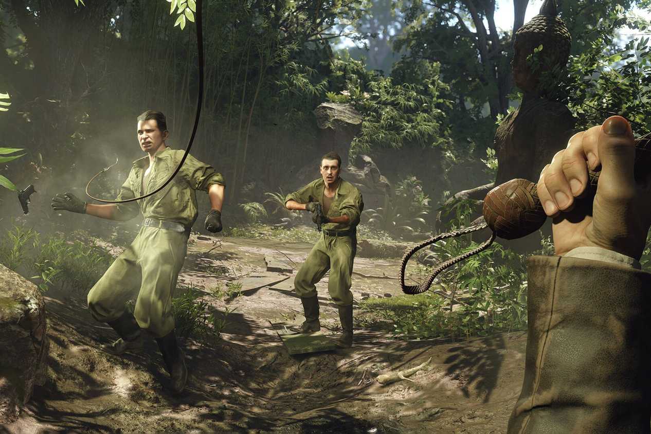 A screenshot of Indiana Jones and the Great Circle showing Indy whipping facists