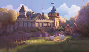 1Two sheep in front of a castle
