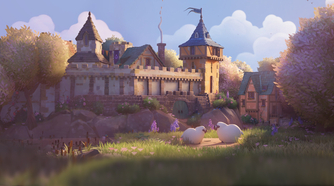 1Two sheep in front of a castle