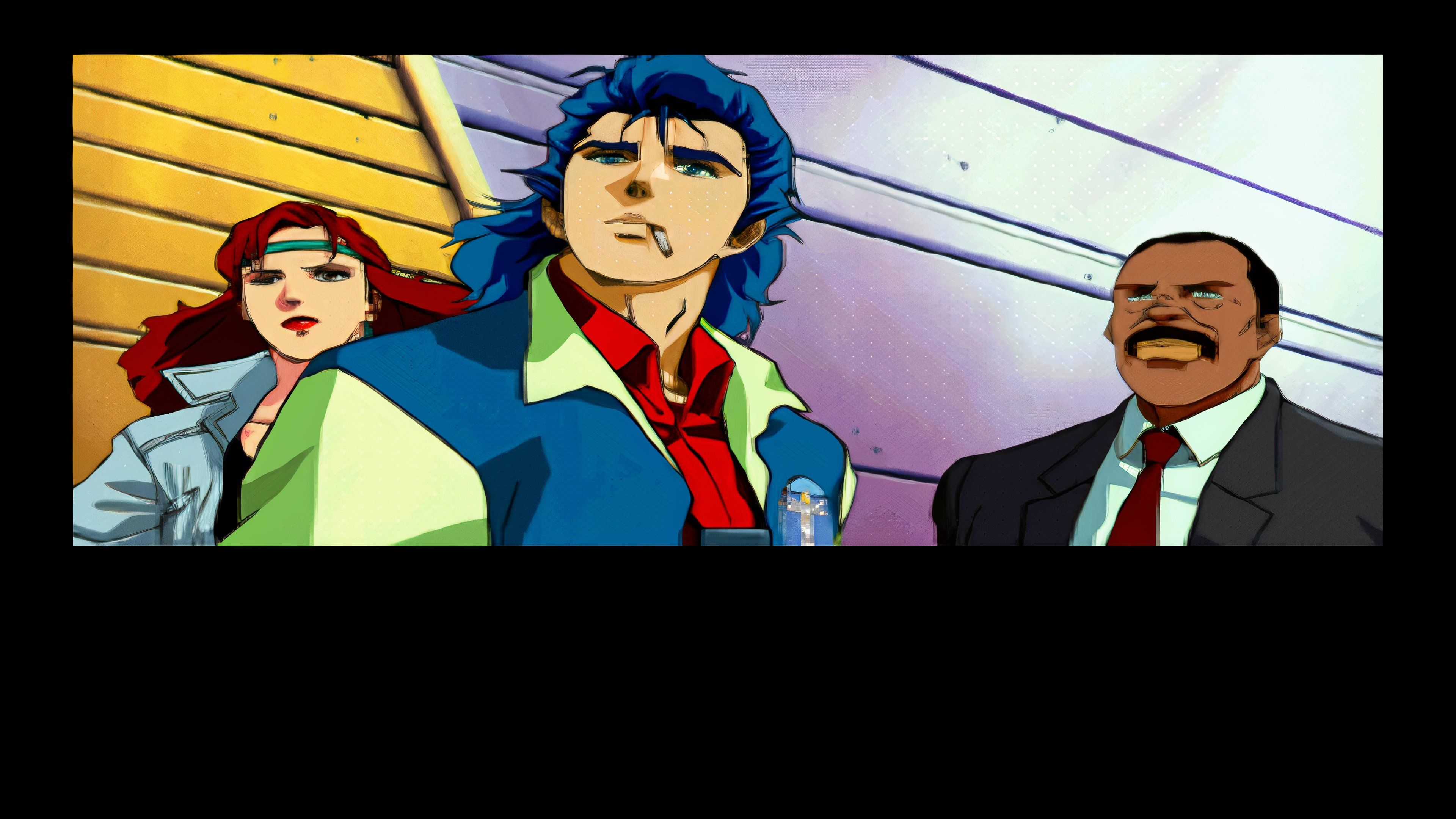 A screenshot of Jonathan, Ed, and Meryl in Policenauts for the Sega Saturn.