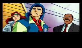 A screenshot of Jonathan, Ed, and Meryl in Policenauts for the Sega Saturn.